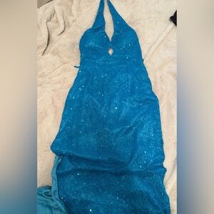 Scala Blue Sequin Halter Prom Dress